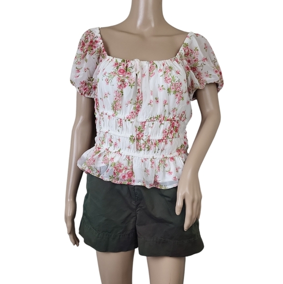 Japna Puff Sleeve Pleated Gathered Pink Floral Blouse - Picture 2 of 4